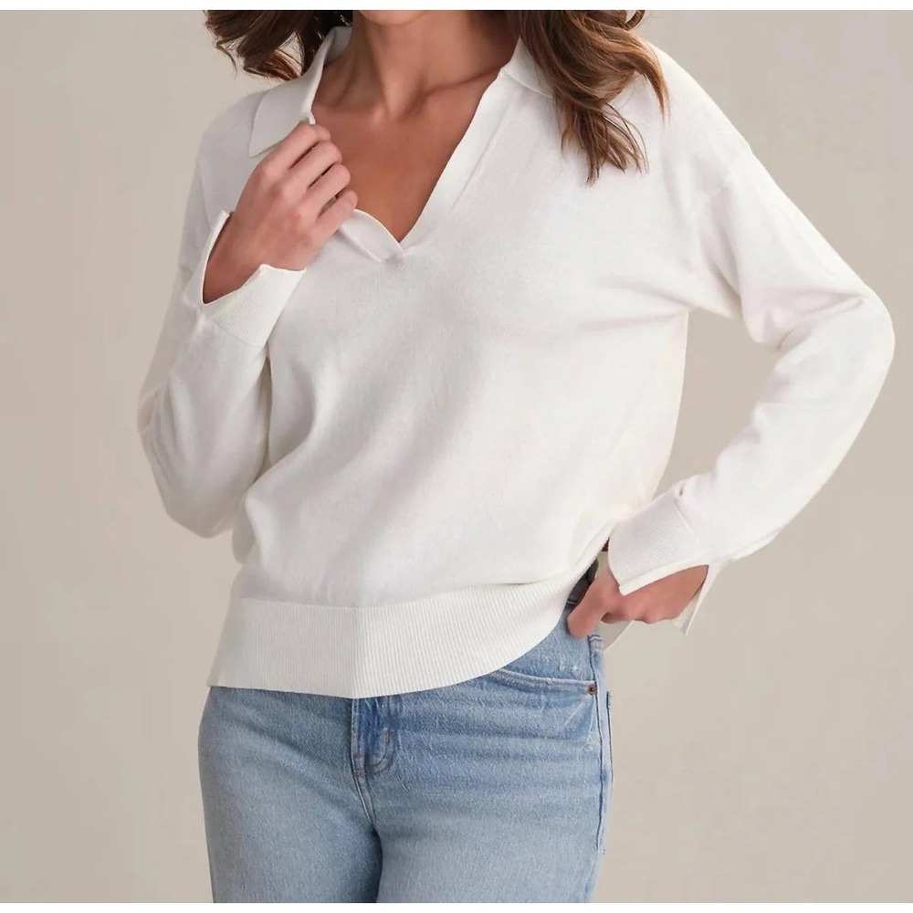 525 America Womens White Cotton Blend V-Neck Polo Sweater XS Long Sleeve